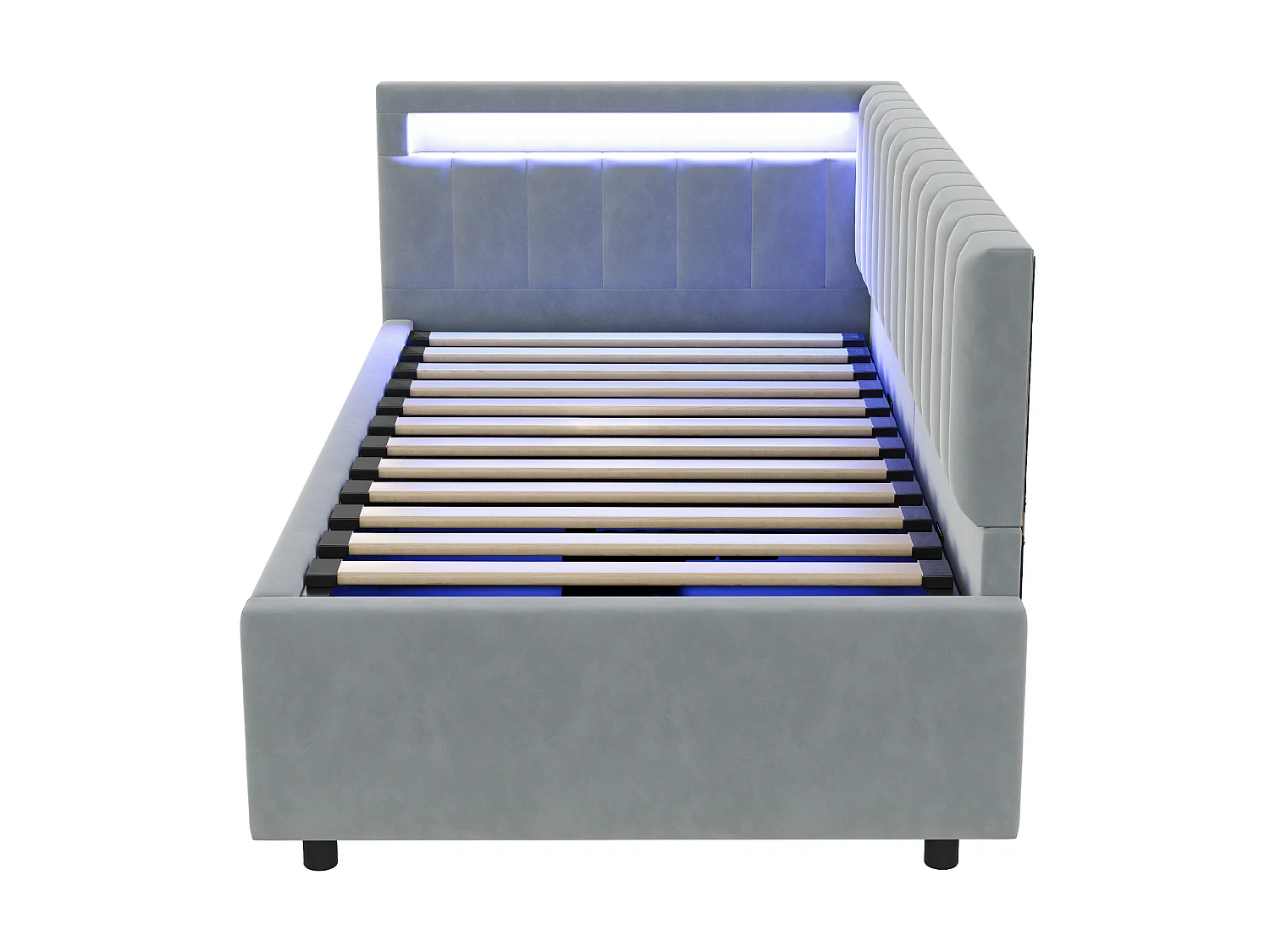 Canapé lit tapissier 90x200 cm avec LED, rangement hydraulique, têtes latérales réversibles, rayures verticales, velours gris clair