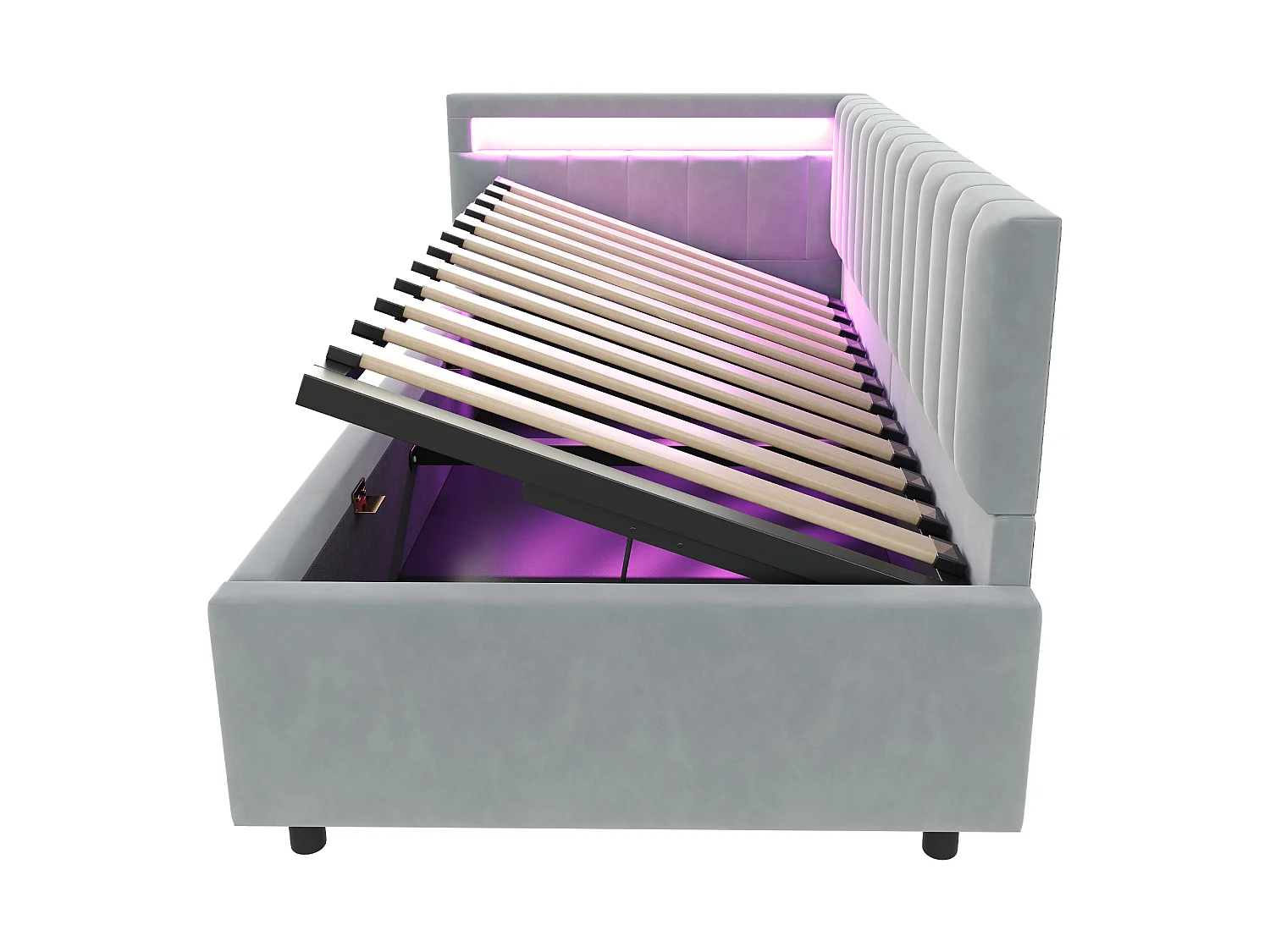 Canapé lit tapissier 90x200 cm avec LED, rangement hydraulique, têtes latérales réversibles, rayures verticales, velours gris clair