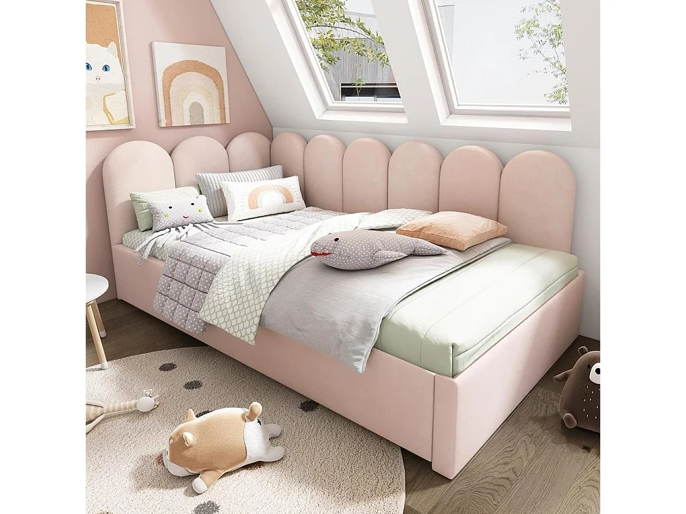 Lit Banquette 90x200cm avec Lit Gigogne 90x190cm, Design Grille Enfantin, Sommier à Lattes Inclus, Velours, 2 Couchages, Rose