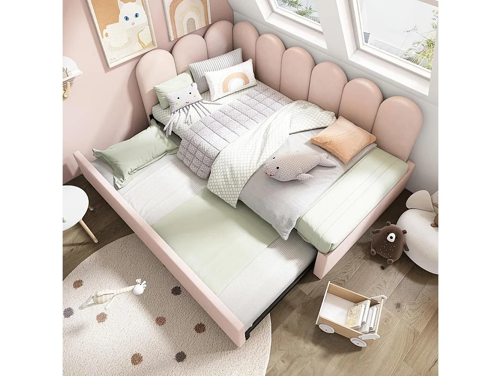 Lit Banquette 90x200cm avec Lit Gigogne 90x190cm, Design Grille Enfantin, Sommier à Lattes Inclus, Velours, 2 Couchages, Rose