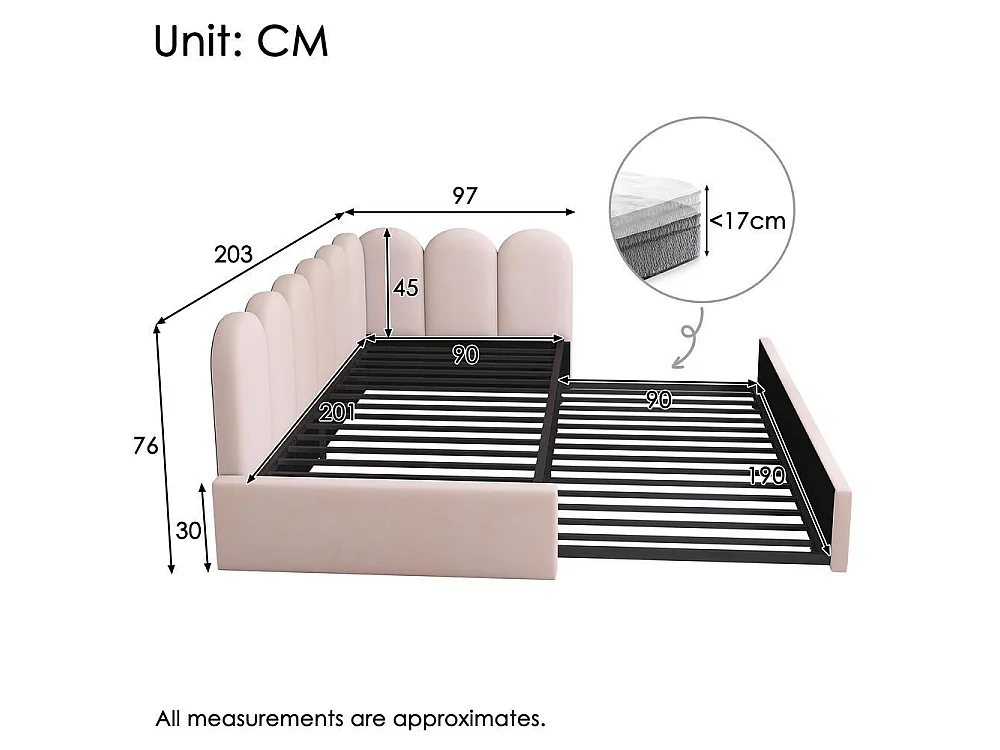 Lit Banquette 90x200cm avec Lit Gigogne 90x190cm, Design Grille Enfantin, Sommier à Lattes Inclus, Velours, 2 Couchages, Rose