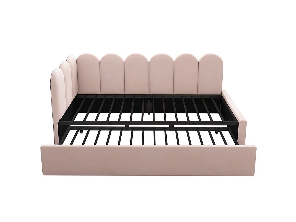 Lit Banquette 90x200cm avec Lit Gigogne 90x190cm, Design Grille Enfantin, Sommier à Lattes Inclus, Velours, 2 Couchages, Rose