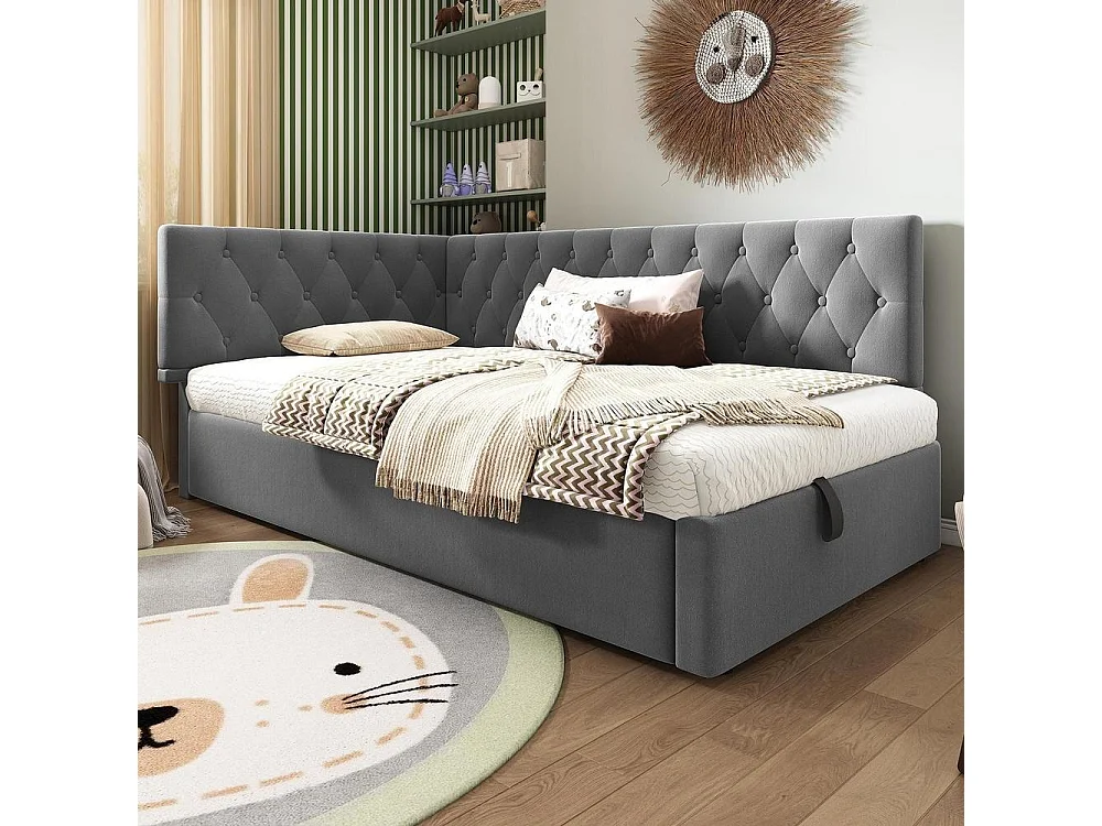 Lit de jour 90x200 cm en velours avec rangement hydraulique, design en L, sommier bois, gris