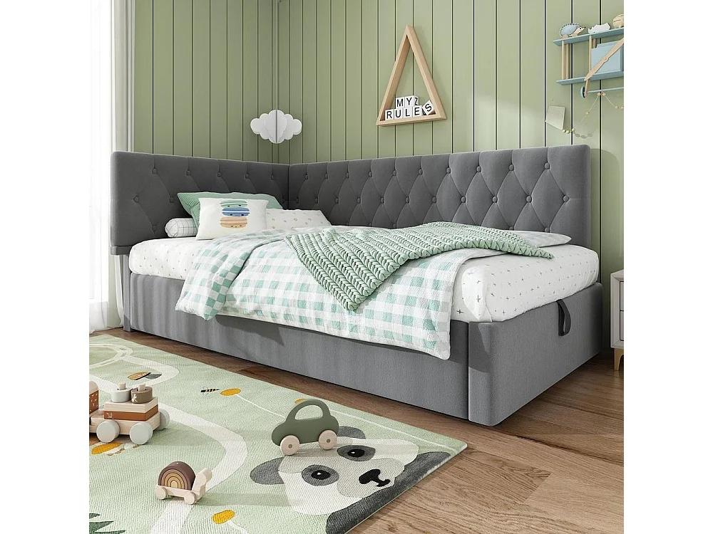 Lit de jour 90x200 cm en velours avec rangement hydraulique, design en L, sommier bois, gris