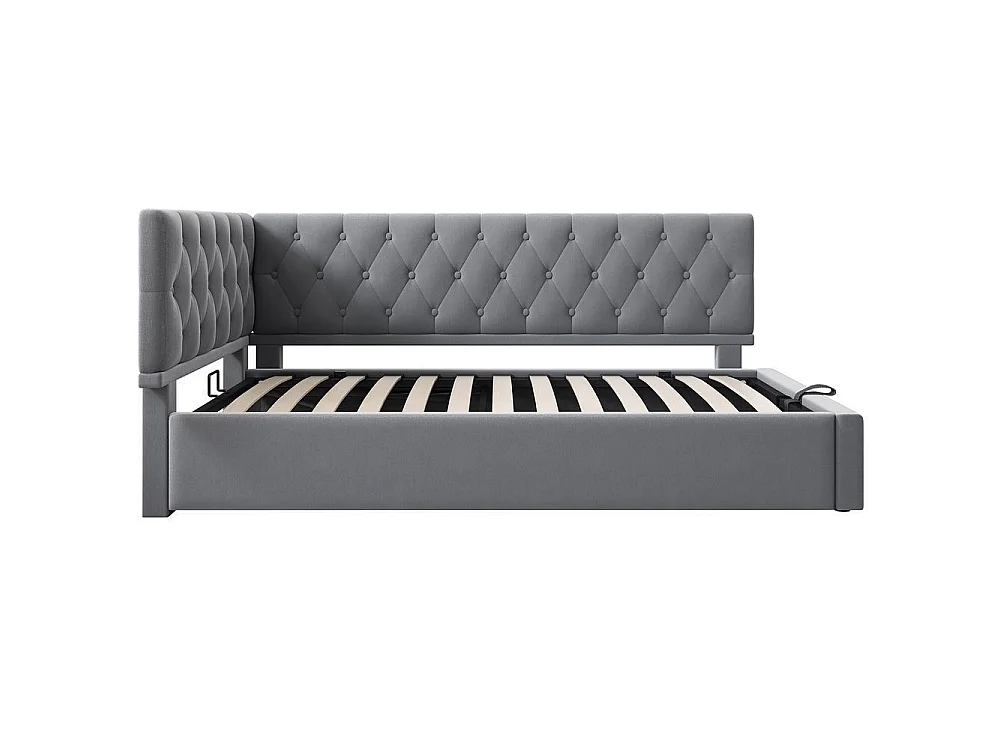 Lit de jour 90x200 cm en velours avec rangement hydraulique, design en L, sommier bois, gris