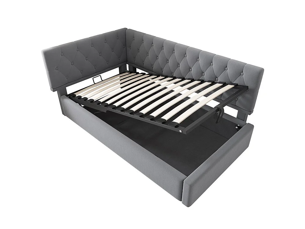 Lit de jour 90x200 cm en velours avec rangement hydraulique, design en L, sommier bois, gris