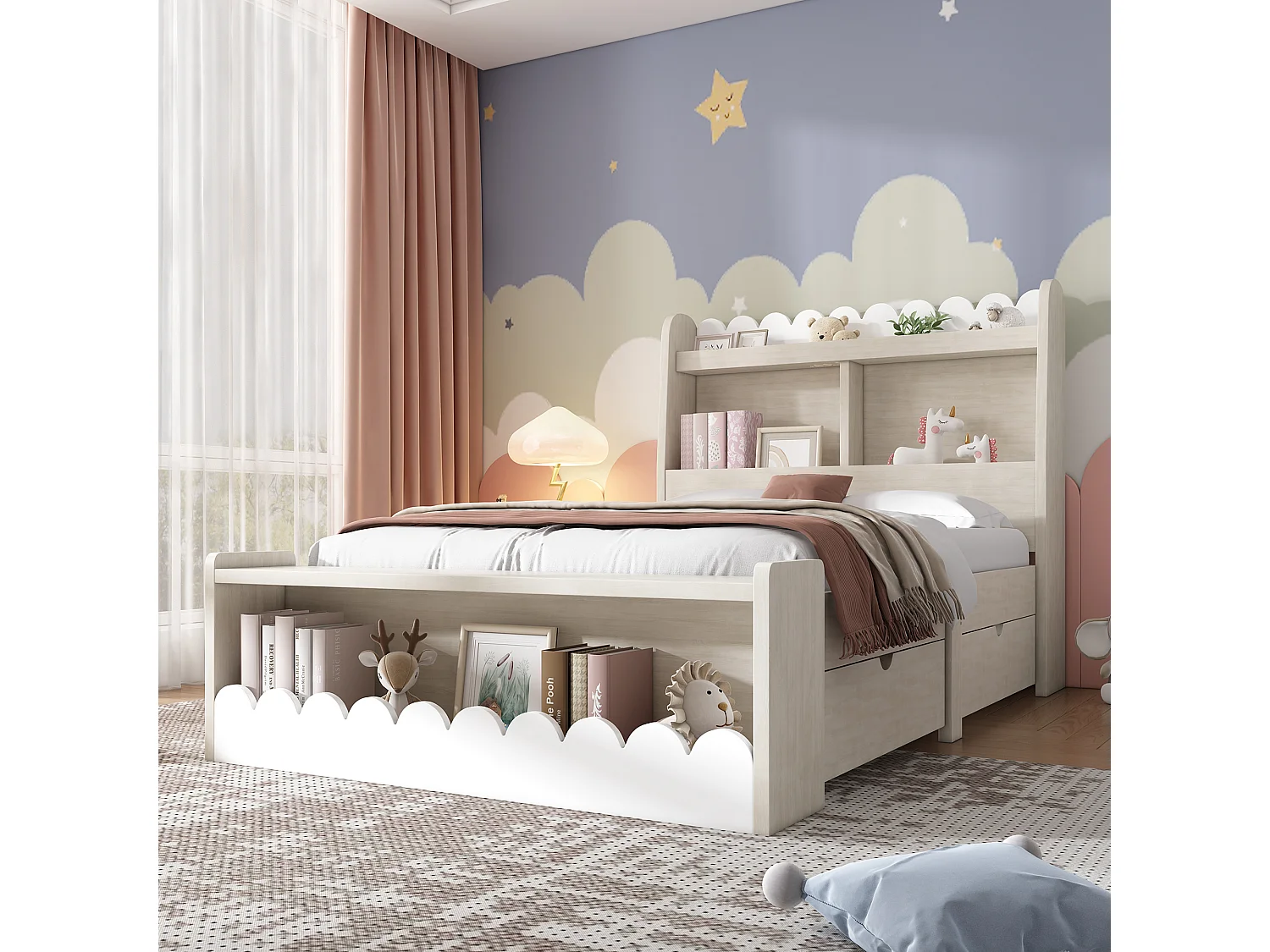 Lit Enfant 90x190 Bois Massif Chêne, 2 Tiroirs 50cm Profondeur, Banquette Rangement, Décoration Ondulée, sans Matelas, Blanc