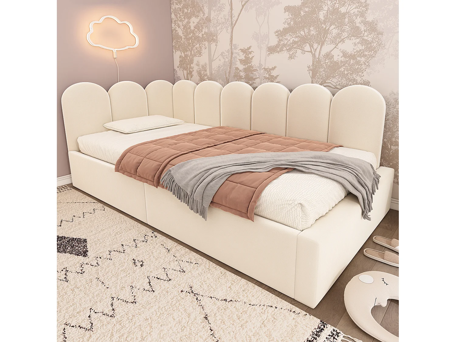 Lit Jour 90x200 cm, Canapé Lit avec Rangement Hydraulique, Design à Barreaux, Sommier à Lattes Métal Inclus, Sans Matelas, Beige