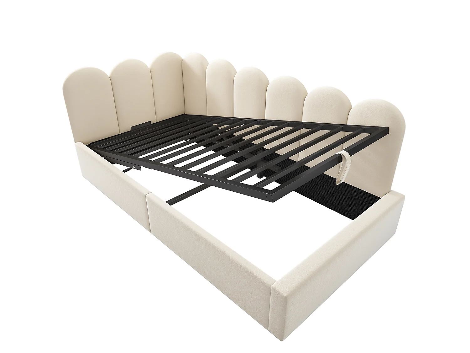 Lit Jour 90x200 cm, Canapé Lit avec Rangement Hydraulique, Design à Barreaux, Sommier à Lattes Métal Inclus, Sans Matelas, Beige