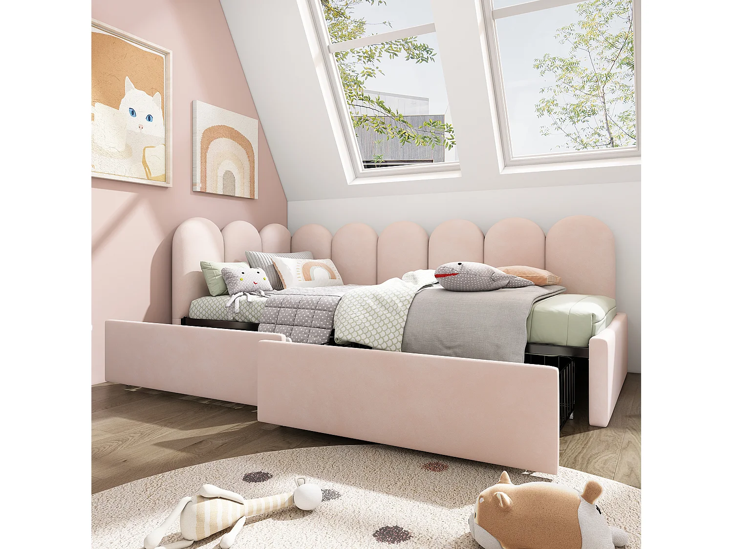 Lit Rembourré Velours 90x200 cm, Daybed Canapé Lit, 2 Tiroirs Roulants Verrouillables, Configuration L Modulable, Rose