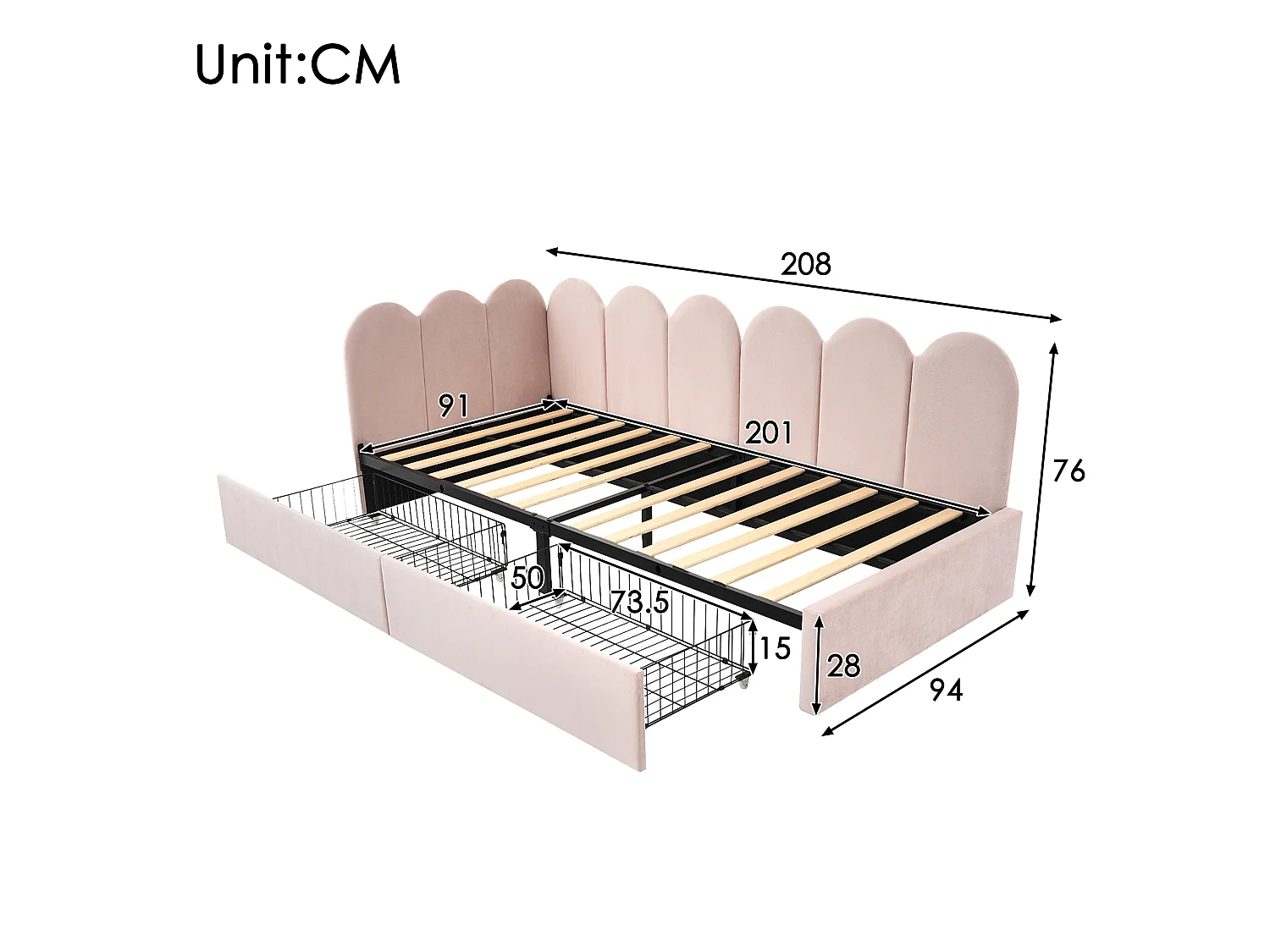 Lit Rembourré Velours 90x200 cm, Daybed Canapé Lit, 2 Tiroirs Roulants Verrouillables, Configuration L Modulable, Rose