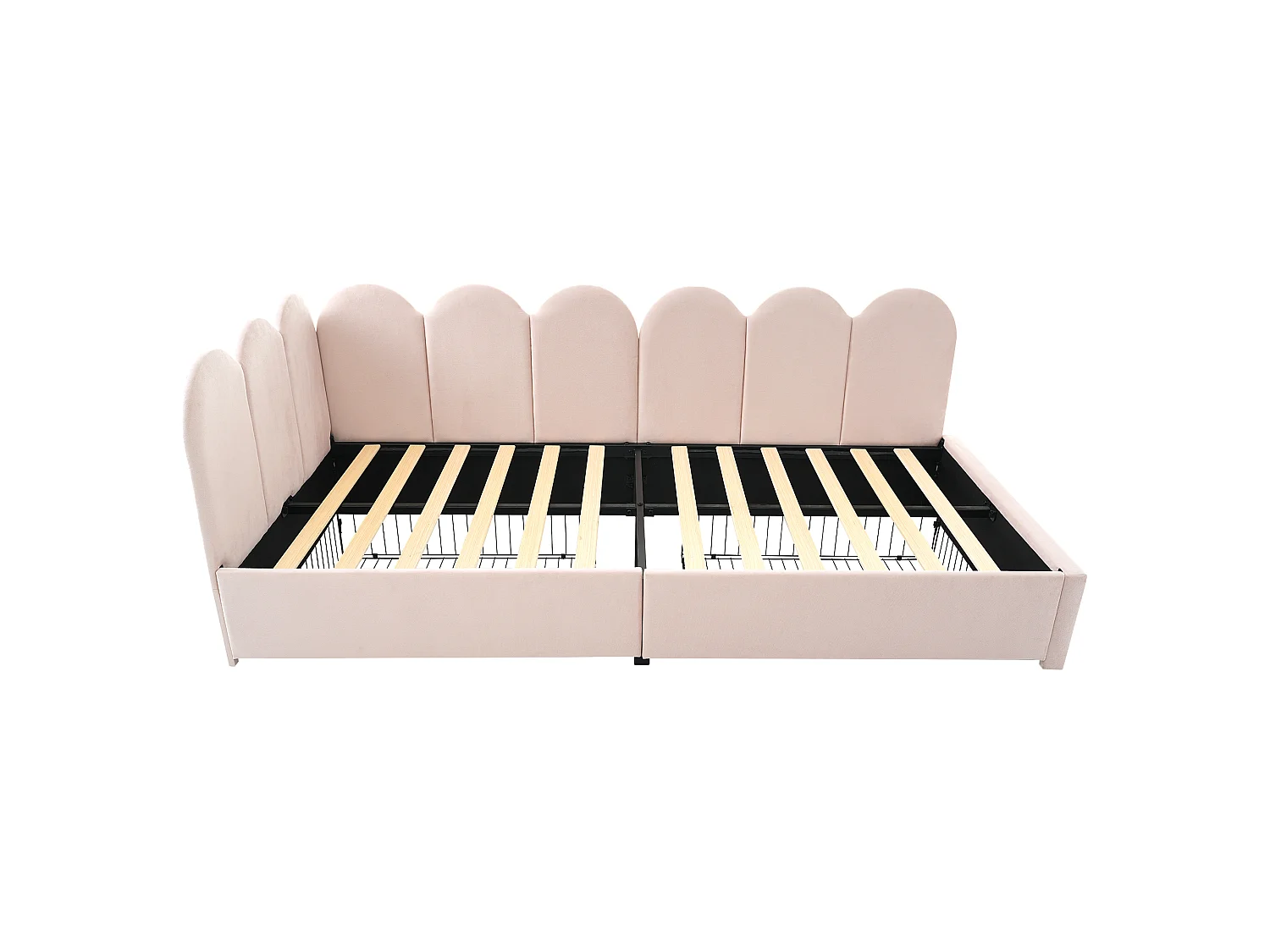 Lit Rembourré Velours 90x200 cm, Daybed Canapé Lit, 2 Tiroirs Roulants Verrouillables, Configuration L Modulable, Rose