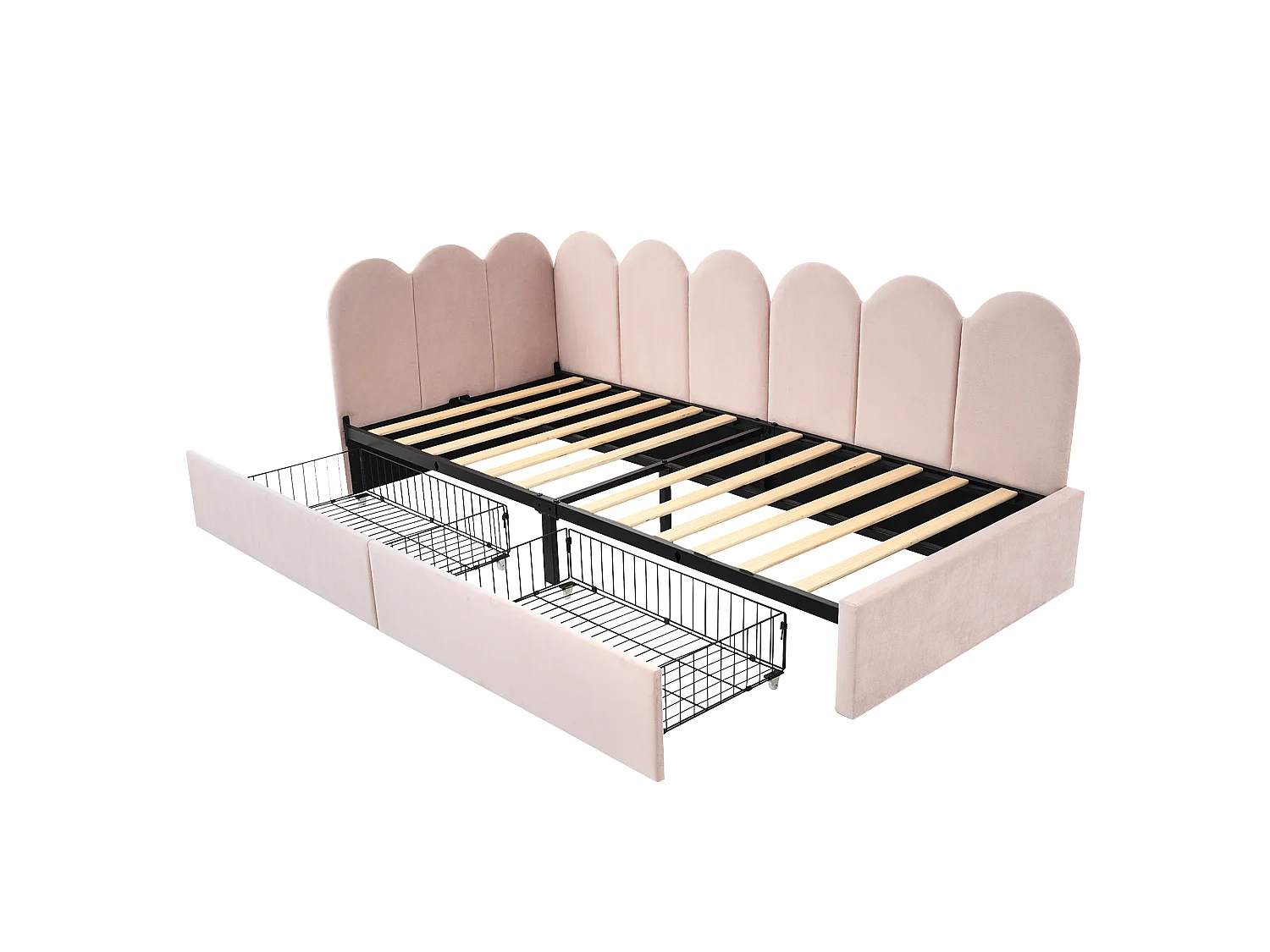 Lit Rembourré Velours 90x200 cm, Daybed Canapé Lit, 2 Tiroirs Roulants Verrouillables, Configuration L Modulable, Rose