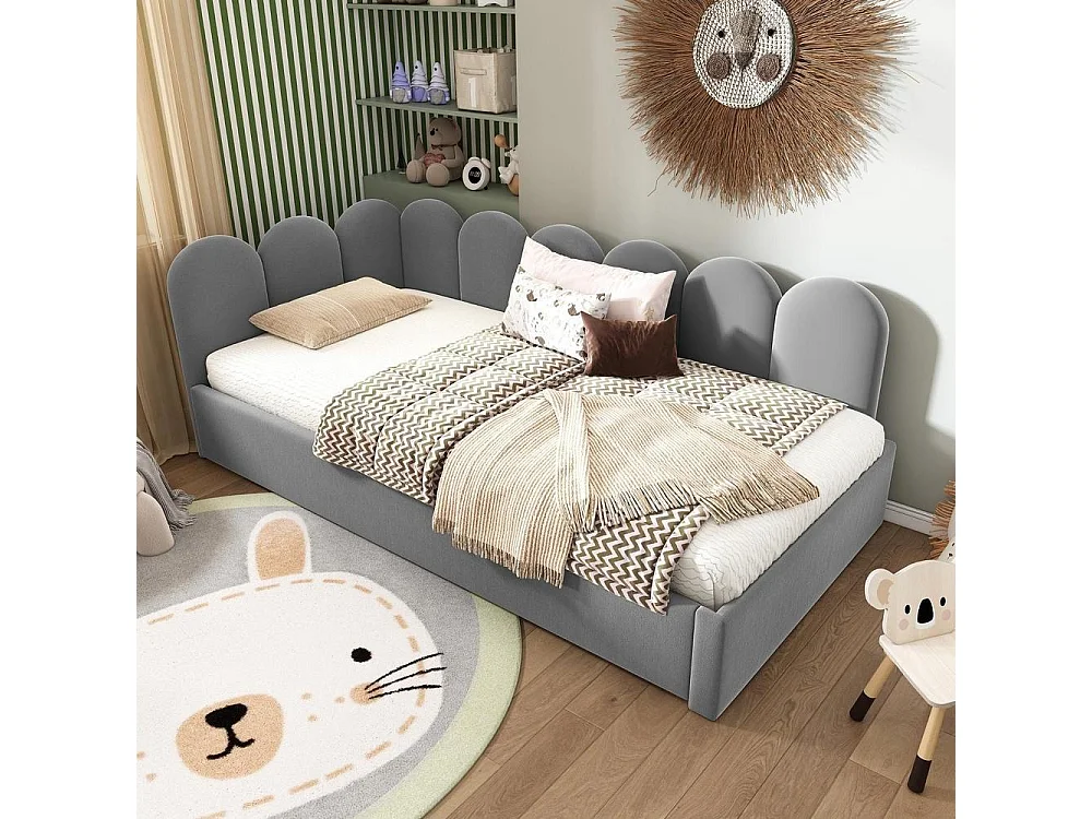 Lit Banquette 90x200cm avec Lit Gigogne 90x190cm, Design Grille Enfantin, Sommier à Lattes Inclus, Velours, 2 Couchages, Gris