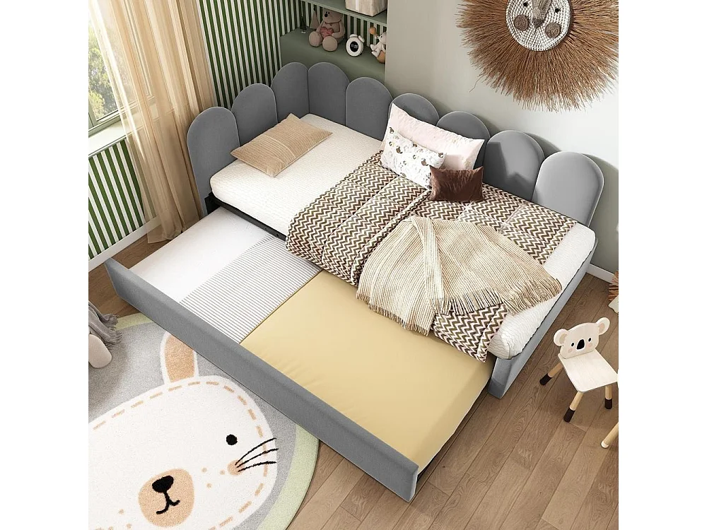 Lit Banquette 90x200cm avec Lit Gigogne 90x190cm, Design Grille Enfantin, Sommier à Lattes Inclus, Velours, 2 Couchages, Gris