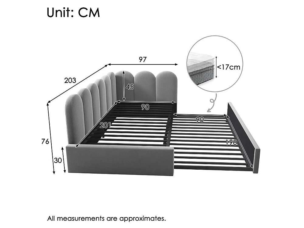 Lit Banquette 90x200cm avec Lit Gigogne 90x190cm, Design Grille Enfantin, Sommier à Lattes Inclus, Velours, 2 Couchages, Gris