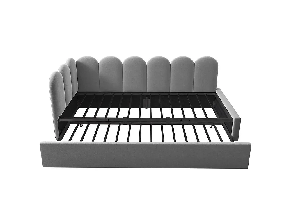 Lit Banquette 90x200cm avec Lit Gigogne 90x190cm, Design Grille Enfantin, Sommier à Lattes Inclus, Velours, 2 Couchages, Gris