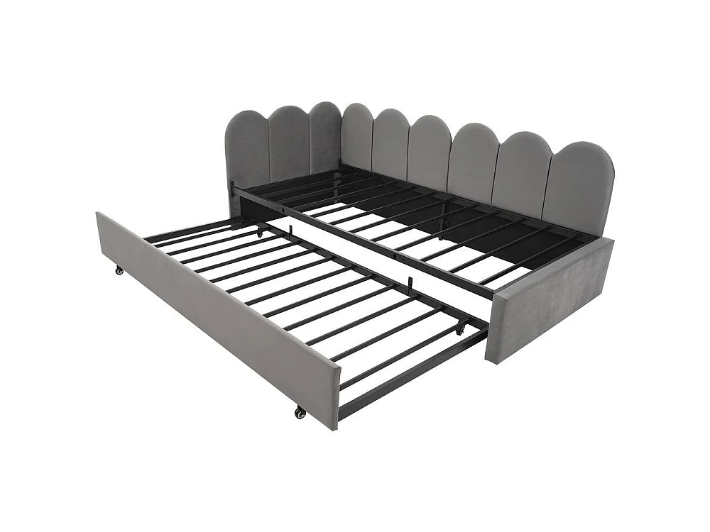 Lit Banquette 90x200cm avec Lit Gigogne 90x190cm, Design Grille Enfantin, Sommier à Lattes Inclus, Velours, 2 Couchages, Gris