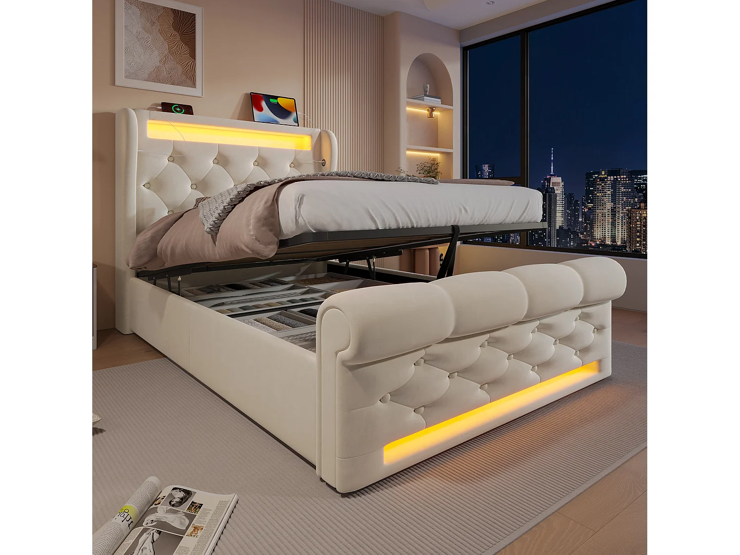 Lit 90x200 cm, LED 360° avec App et Mode Musical, Tête de Lit avec USB Type C, Rangement Hydraulique, Sans Matelas, Velours Beige