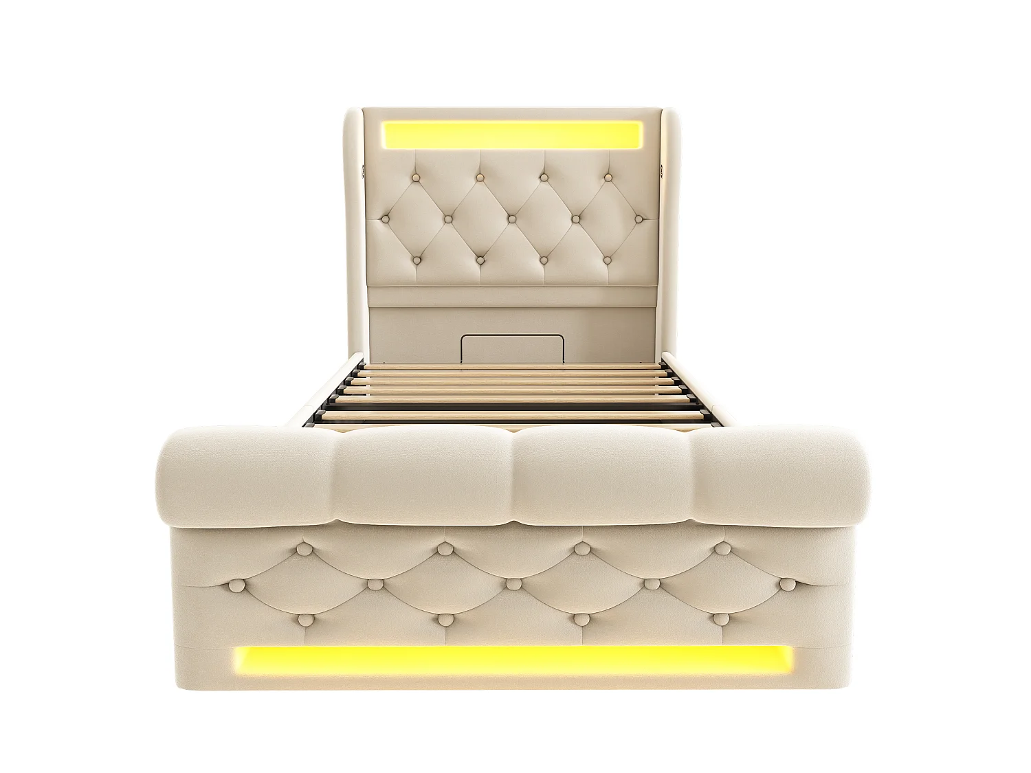 Lit 90x200 cm, LED 360° avec App et Mode Musical, Tête de Lit avec USB Type C, Rangement Hydraulique, Sans Matelas, Velours Beige