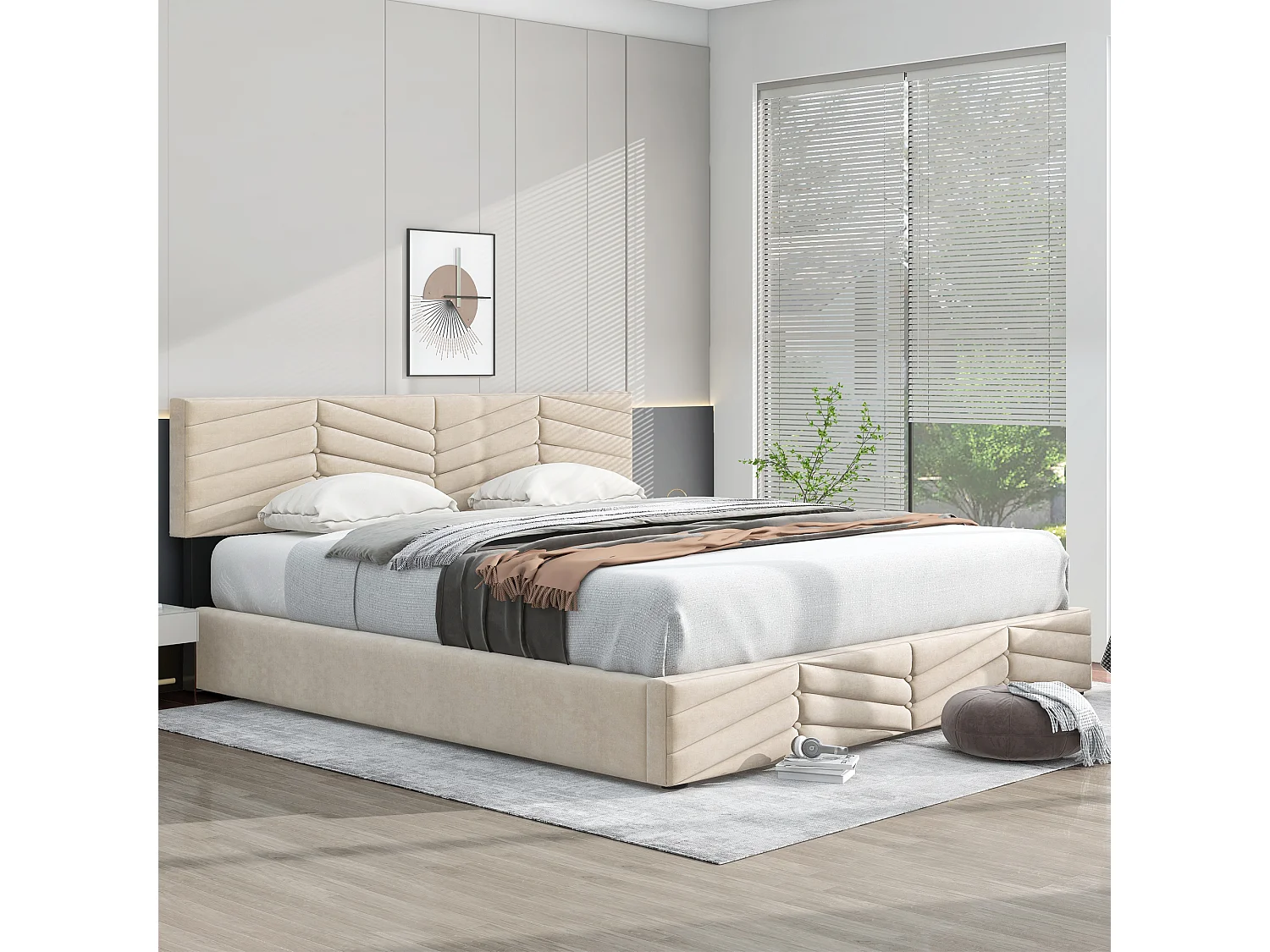 Lit 180x200 cm, Tête de Lit Réglable en Hauteur, Hydraulique, Velours à Lignes Boutonnées, Sommier à Lattes Inclus, Beige