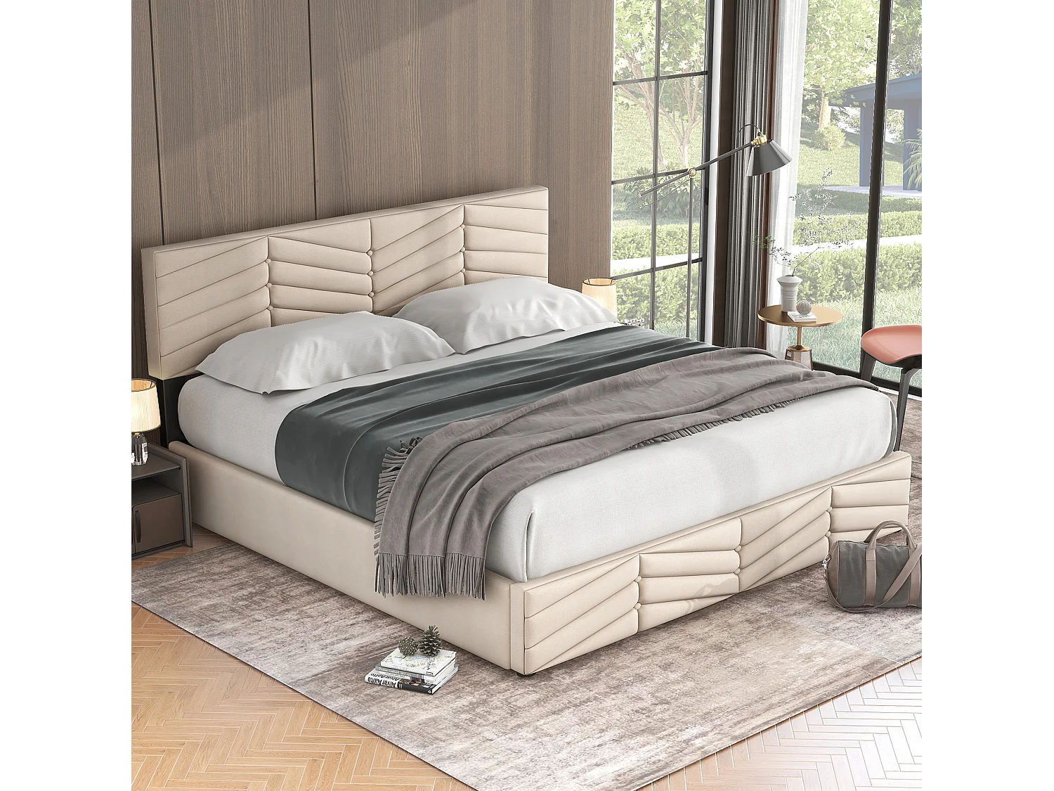Lit 180x200 cm, Tête de Lit Réglable en Hauteur, Hydraulique, Velours à Lignes Boutonnées, Sommier à Lattes Inclus, Beige