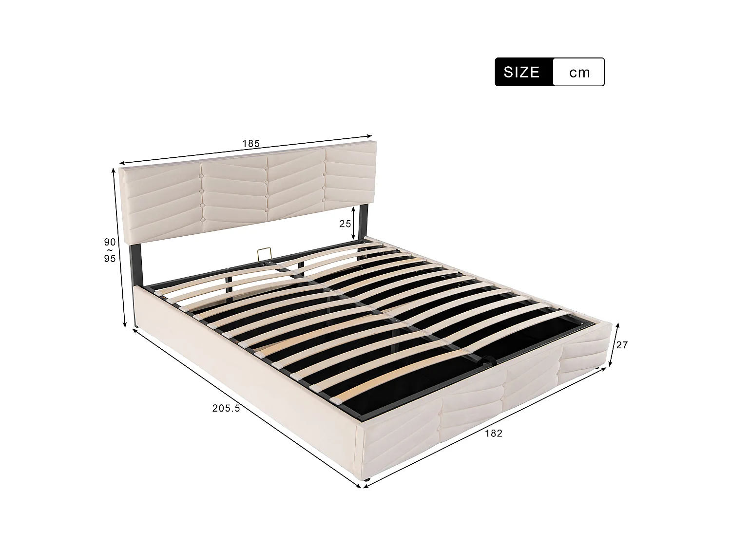 Lit 180x200 cm, Tête de Lit Réglable en Hauteur, Hydraulique, Velours à Lignes Boutonnées, Sommier à Lattes Inclus, Beige