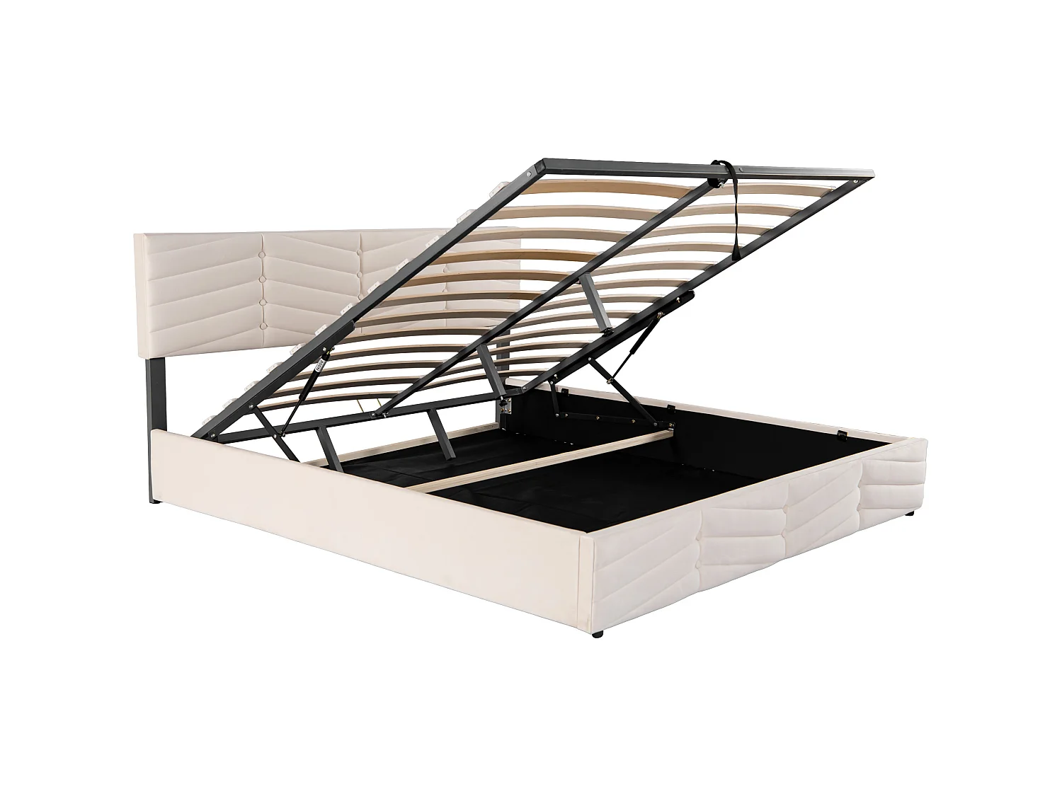 Lit 180x200 cm, Tête de Lit Réglable en Hauteur, Hydraulique, Velours à Lignes Boutonnées, Sommier à Lattes Inclus, Beige