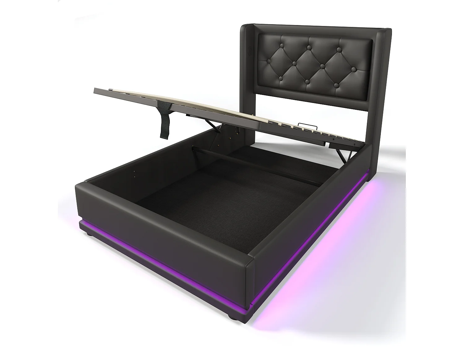 Lit Rembourré 90x200 PU, Tête Capitonnée Ailes 16cm, USB Type C Deux Côtés, LED 3 Côtés 16 Couleurs, Hydraulique Rangement, Noir