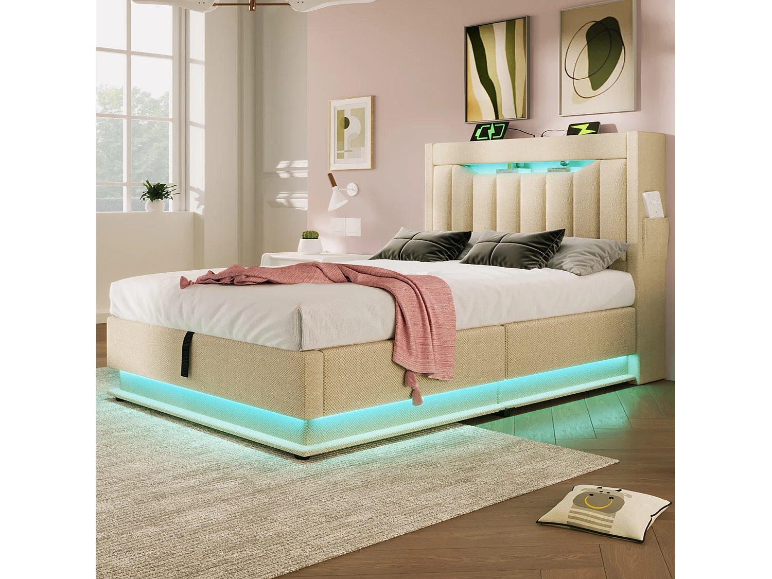 Lit Capitonné 90x200 cm, LED RGB Tête Pied, USB Type-C, Rangement Hydraulique, Étagère Tête, Sans Matelas, Stable, Lin Beige