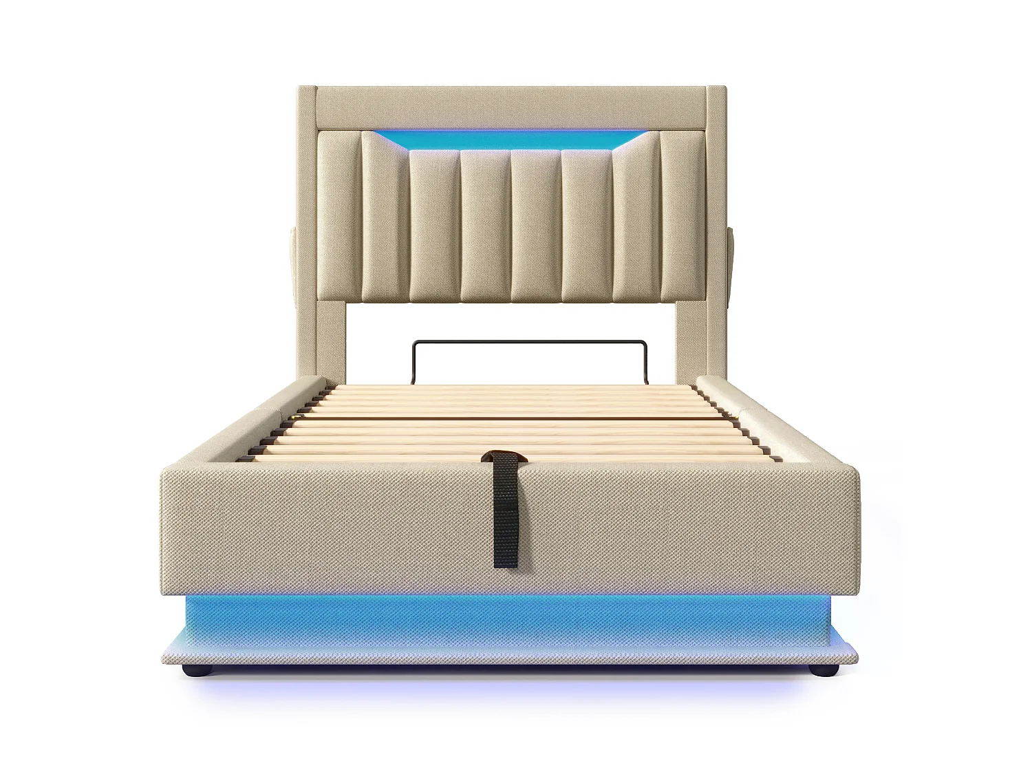 Lit Capitonné 90x200 cm, LED RGB Tête Pied, USB Type-C, Rangement Hydraulique, Étagère Tête, Sans Matelas, Stable, Lin Beige