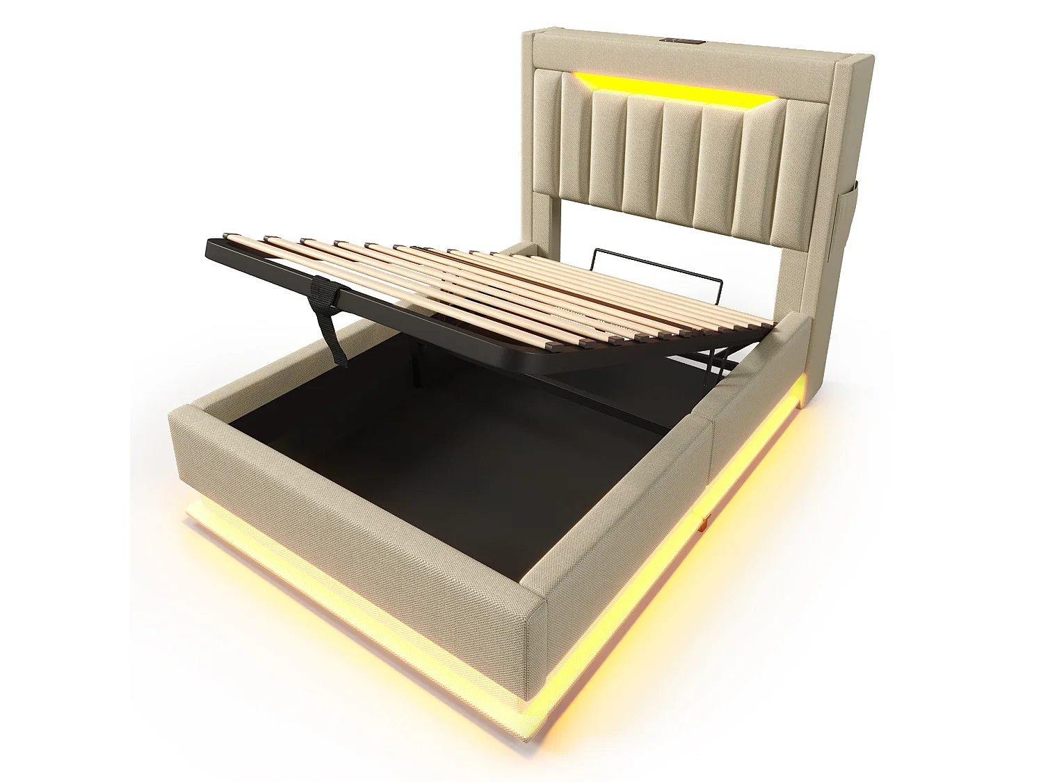 Lit Capitonné 90x200 cm, LED RGB Tête Pied, USB Type-C, Rangement Hydraulique, Étagère Tête, Sans Matelas, Stable, Lin Beige