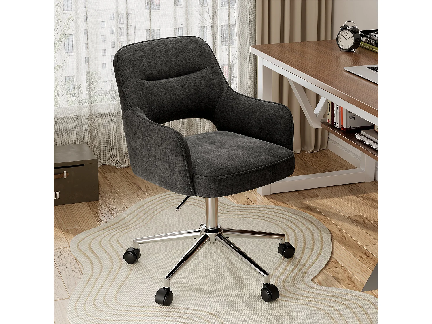 Fauteuil de Bureau Ergonomique avec Accoudoirs, Chaise Pivotante à 360° avec Hauteur Réglable, Assise Confortable en Tissu Doux, gris