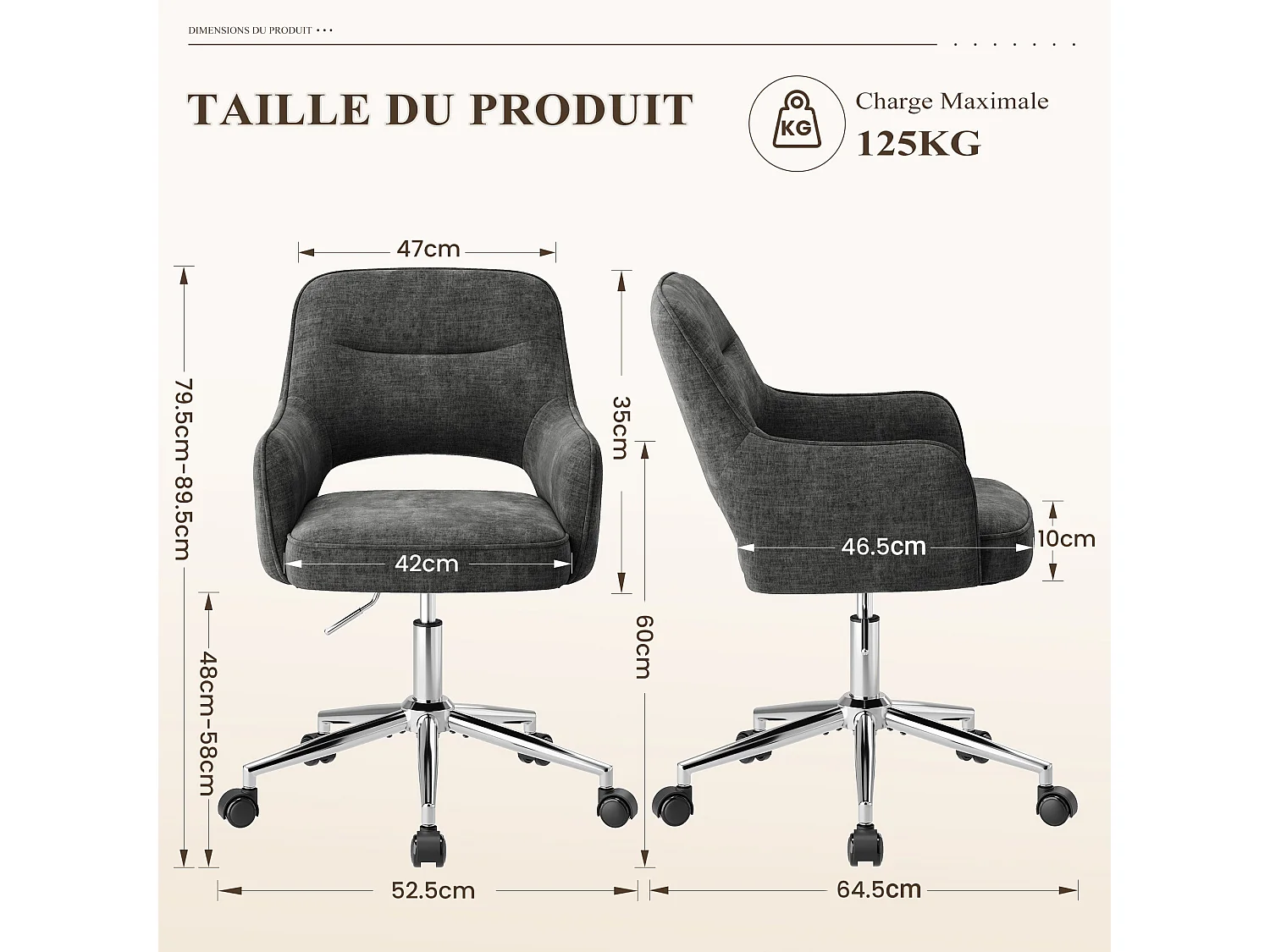 Fauteuil de Bureau Ergonomique avec Accoudoirs, Chaise Pivotante à 360° avec Hauteur Réglable, Assise Confortable en Tissu Doux, gris