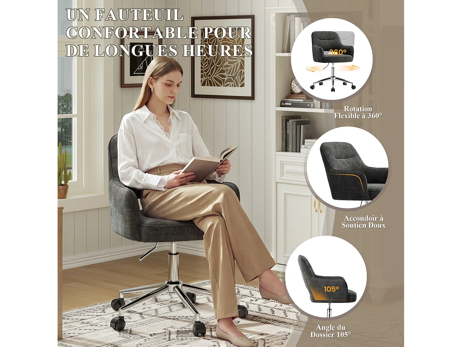 Fauteuil de Bureau Ergonomique avec Accoudoirs, Chaise Pivotante à 360° avec Hauteur Réglable, Assise Confortable en Tissu Doux, gris