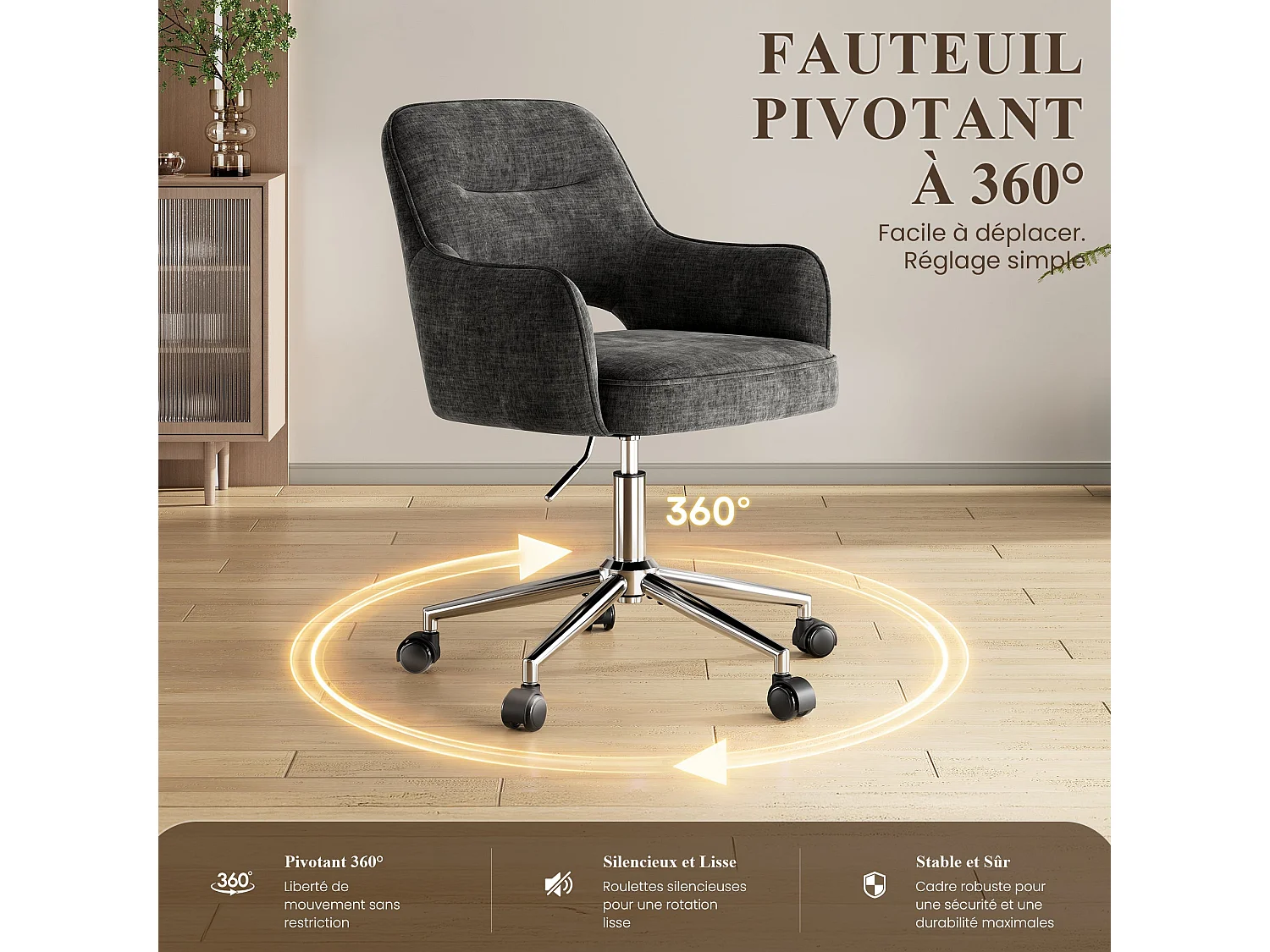 Fauteuil de Bureau Ergonomique avec Accoudoirs, Chaise Pivotante à 360° avec Hauteur Réglable, Assise Confortable en Tissu Doux, gris