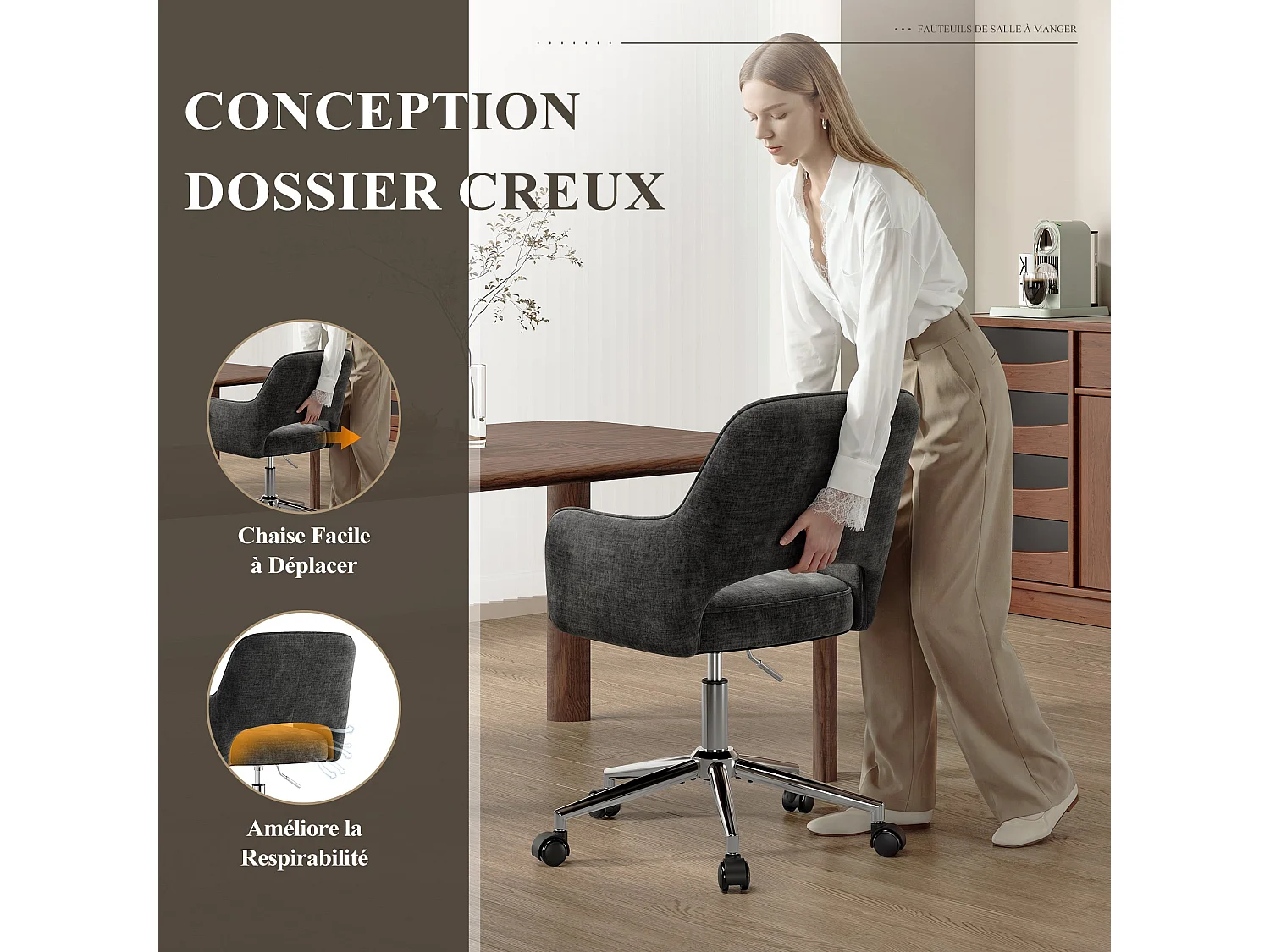 Fauteuil de Bureau Ergonomique avec Accoudoirs, Chaise Pivotante à 360° avec Hauteur Réglable, Assise Confortable en Tissu Doux, gris