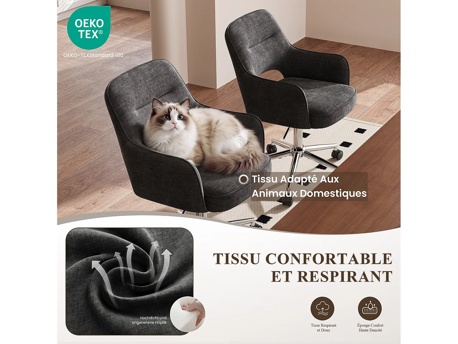 Fauteuil de Bureau Ergonomique avec Accoudoirs, Chaise Pivotante à 360° avec Hauteur Réglable, Assise Confortable en Tissu Doux, gris