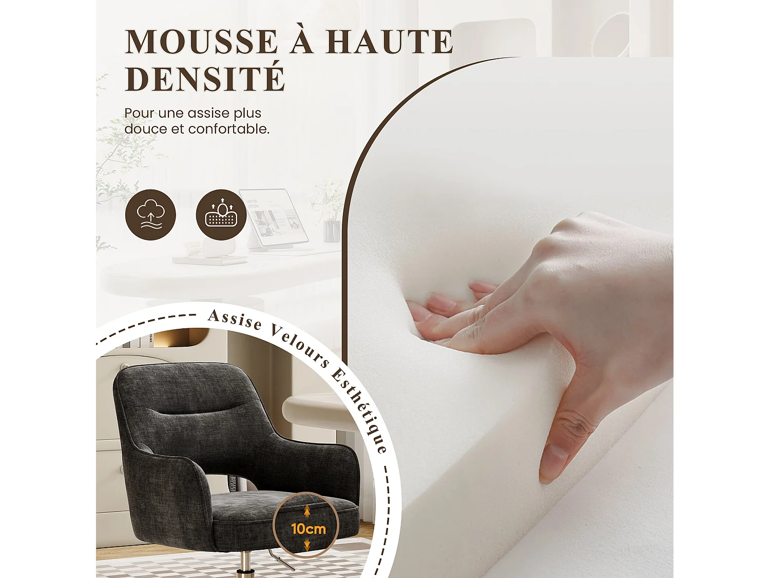 Fauteuil de Bureau Ergonomique avec Accoudoirs, Chaise Pivotante à 360° avec Hauteur Réglable, Assise Confortable en Tissu Doux, gris