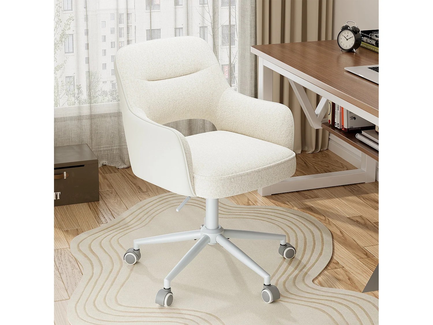Fauteuil de Bureau Ergonomique avec Accoudoirs, Chaise Pivotante à 360° avec Hauteur Réglable, Assise Confortable en Tissu Doux, blanc