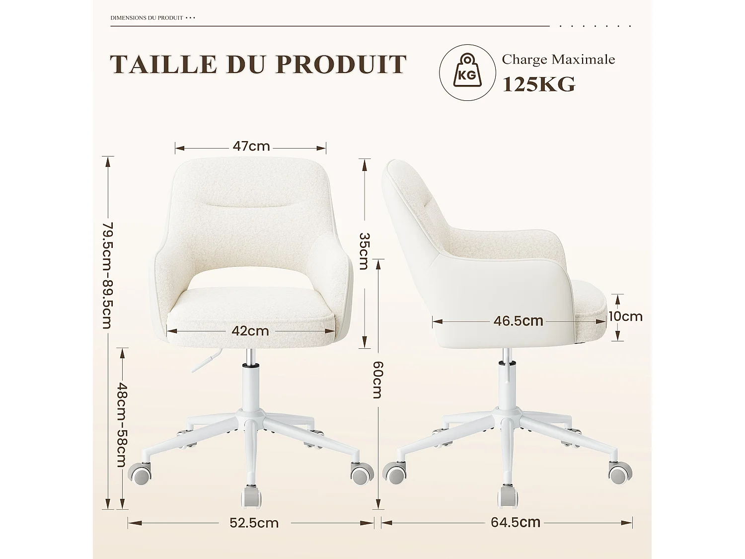 Fauteuil de Bureau Ergonomique avec Accoudoirs, Chaise Pivotante à 360° avec Hauteur Réglable, Assise Confortable en Tissu Doux, blanc