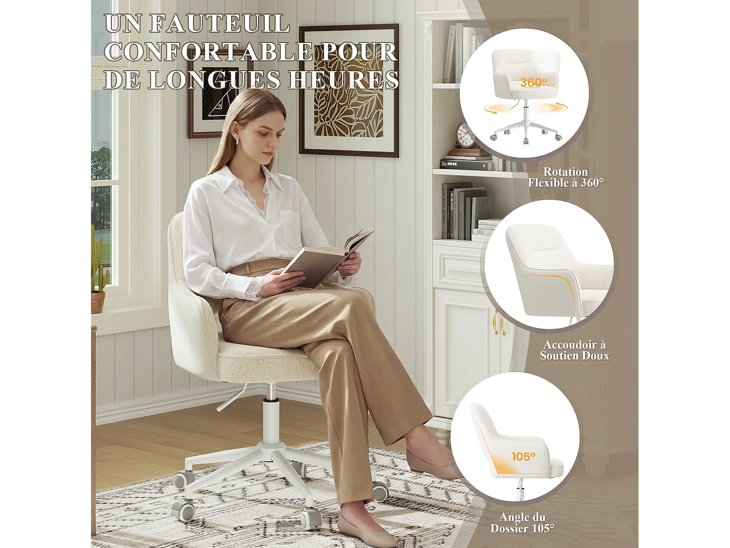 Fauteuil de Bureau Ergonomique avec Accoudoirs, Chaise Pivotante à 360° avec Hauteur Réglable, Assise Confortable en Tissu Doux, blanc