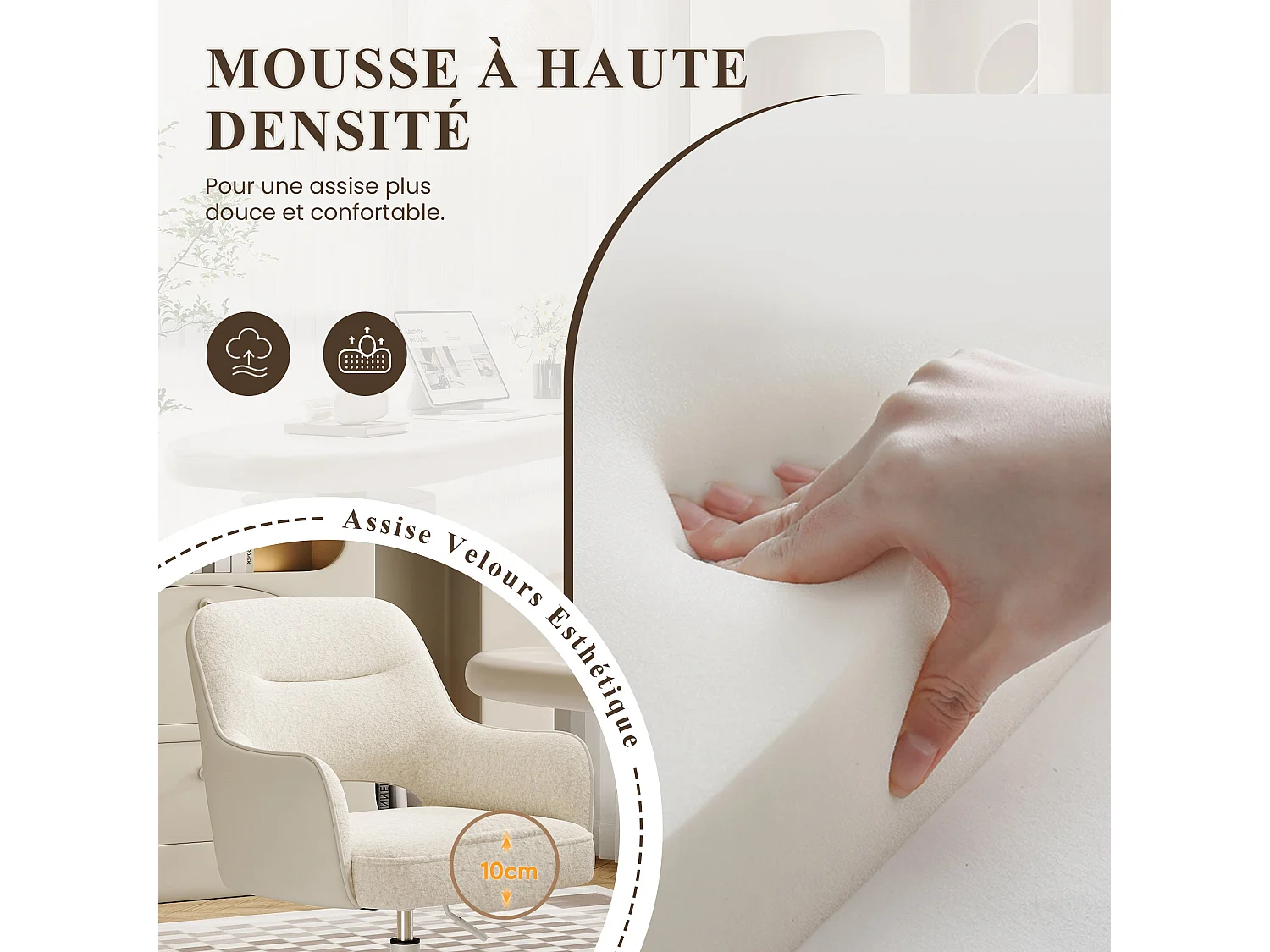 Fauteuil de Bureau Ergonomique avec Accoudoirs, Chaise Pivotante à 360° avec Hauteur Réglable, Assise Confortable en Tissu Doux, blanc