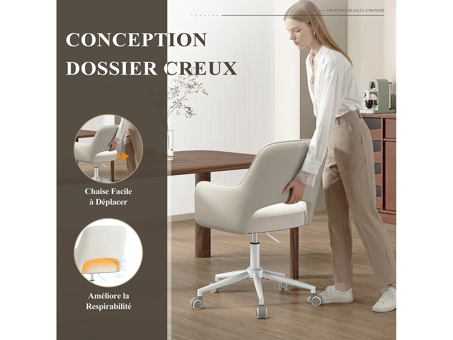 Fauteuil de Bureau Ergonomique avec Accoudoirs, Chaise Pivotante à 360° avec Hauteur Réglable, Assise Confortable en Tissu Doux, blanc