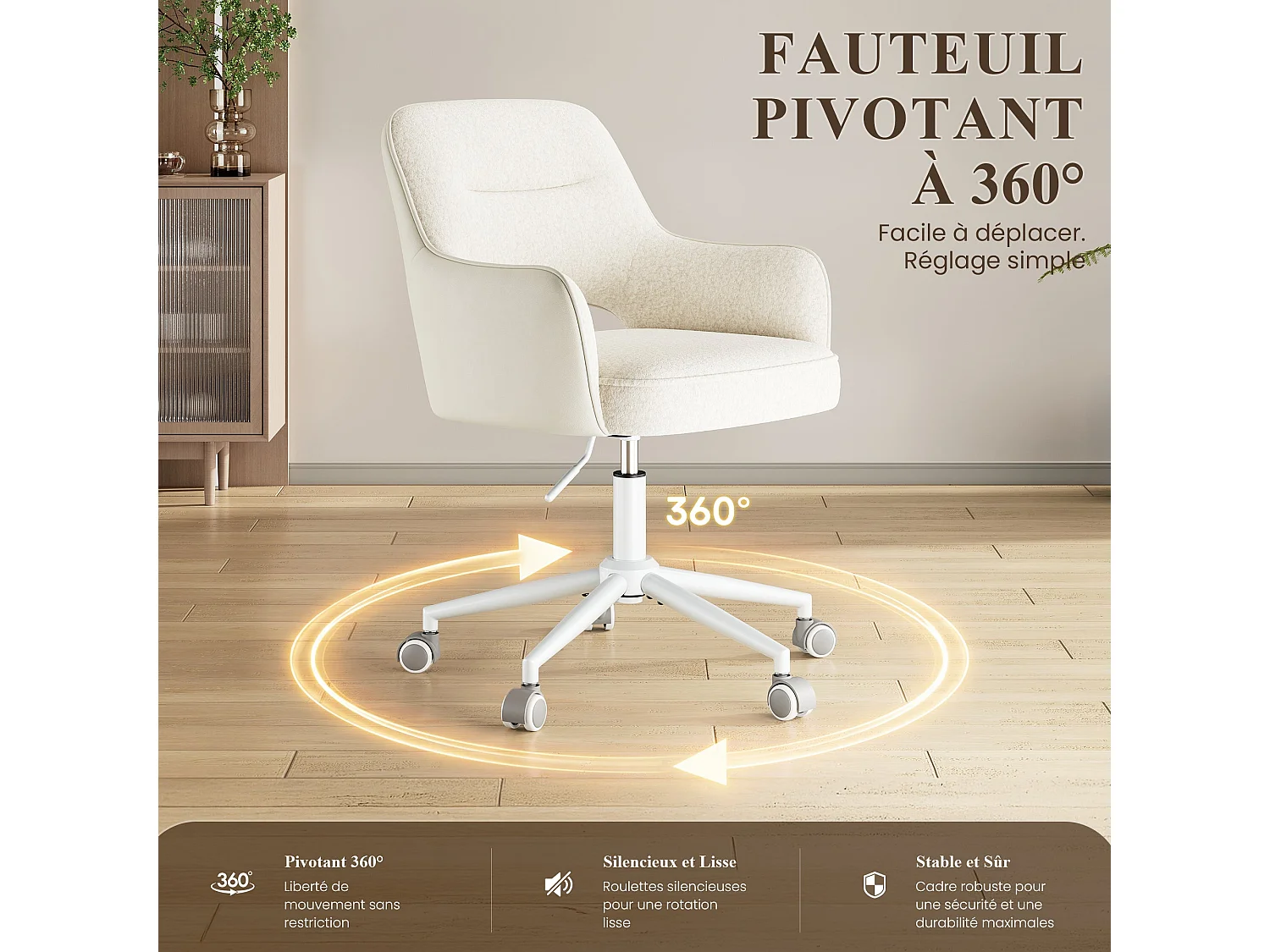 Fauteuil de Bureau Ergonomique avec Accoudoirs, Chaise Pivotante à 360° avec Hauteur Réglable, Assise Confortable en Tissu Doux, blanc