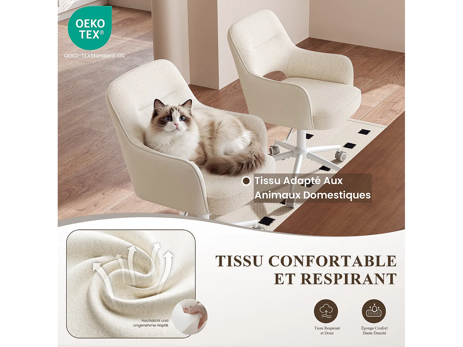 Fauteuil de Bureau Ergonomique avec Accoudoirs, Chaise Pivotante à 360° avec Hauteur Réglable, Assise Confortable en Tissu Doux, blanc