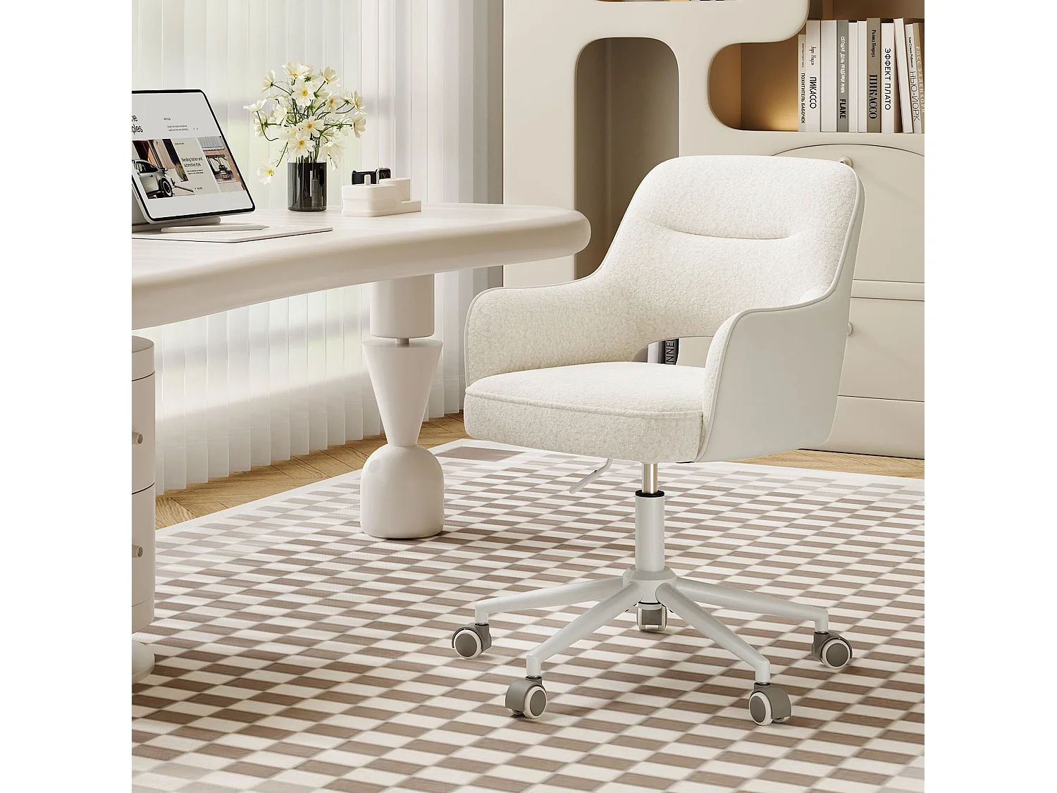 Fauteuil de Bureau Ergonomique avec Accoudoirs, Chaise Pivotante à 360° avec Hauteur Réglable, Assise Confortable en Tissu Doux, blanc