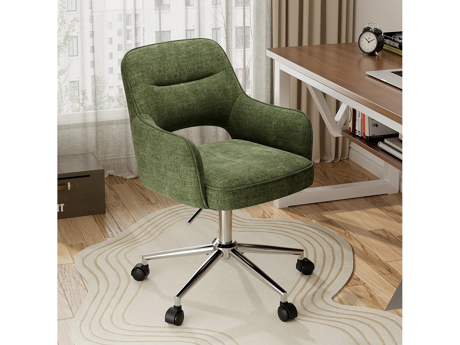 Fauteuil de Bureau Ergonomique avec Accoudoirs, Chaise Pivotante à 360° avec Hauteur Réglable, Assise Confortable en Tissu Doux,vert