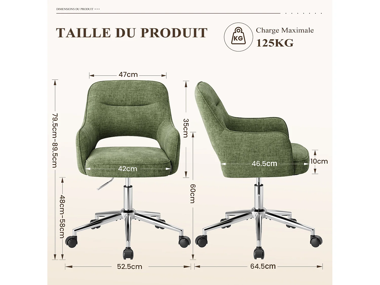 Fauteuil de Bureau Ergonomique avec Accoudoirs, Chaise Pivotante à 360° avec Hauteur Réglable, Assise Confortable en Tissu Doux,vert