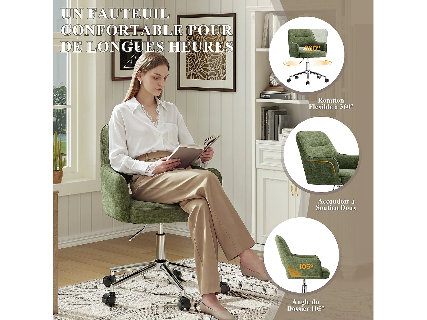 Fauteuil de Bureau Ergonomique avec Accoudoirs, Chaise Pivotante à 360° avec Hauteur Réglable, Assise Confortable en Tissu Doux,vert